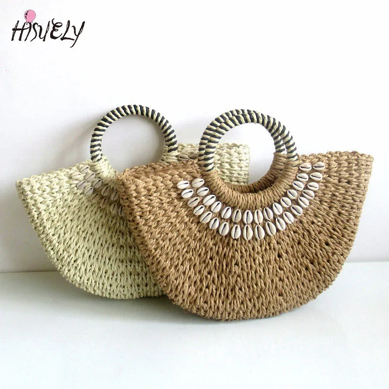 2024 New Women round bucket semicircle straw bag handmade  shell woven basket rattan handbag vacation beach bag