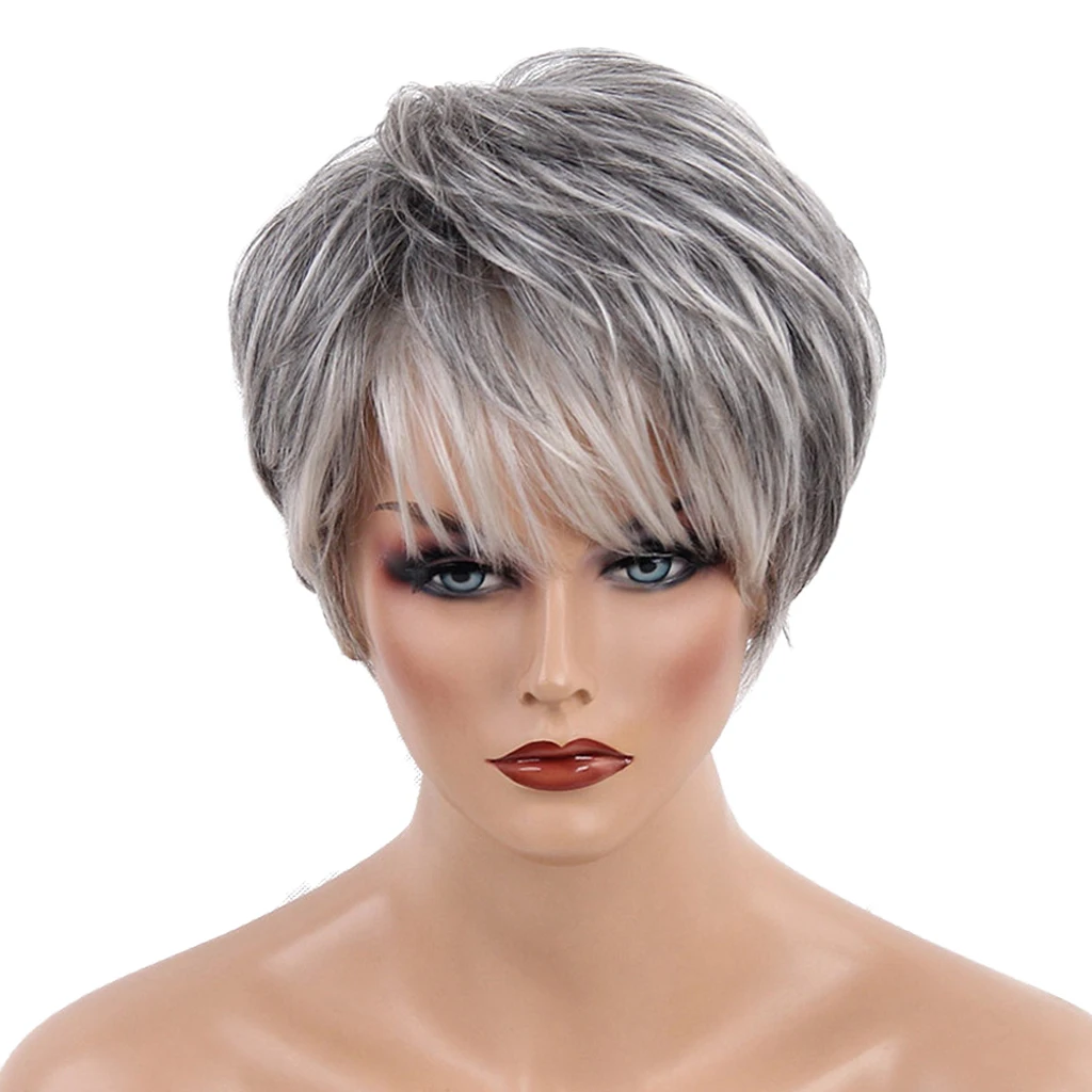 Cool Design Short Straight Wigs with Bangs Silver Gray Color Heat Perm OK 70%