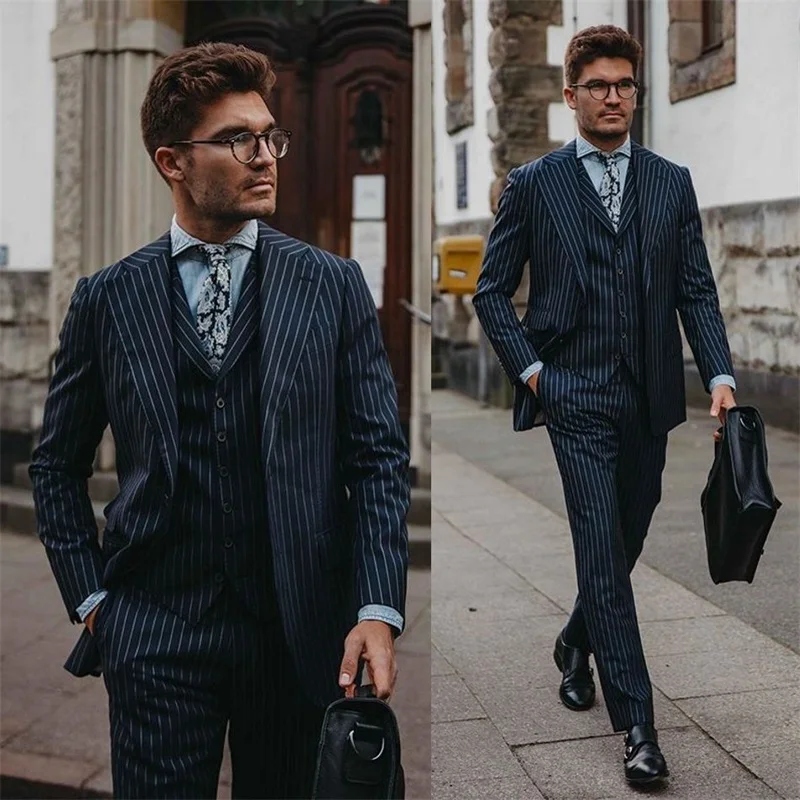 3-piece Gentlemen Cotton Blend Navy Stripe Business Party Blazer Suit Peaked Lapel  Formal Wedding Tuxedos Slim Fit Men Suits