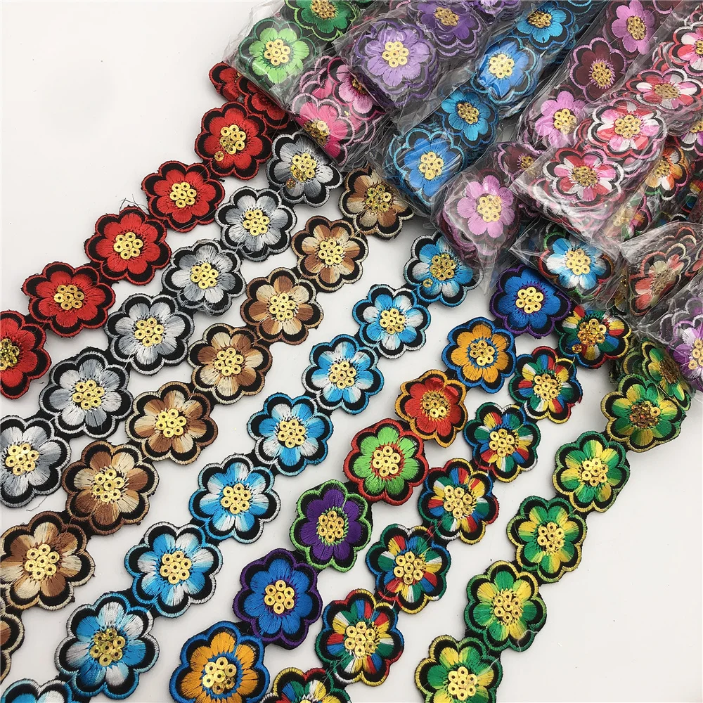 Iron on flower Sequins Lace Ribbon African Embroidered Flower Trim Tape Fabric Diy Clothes 17color in stock