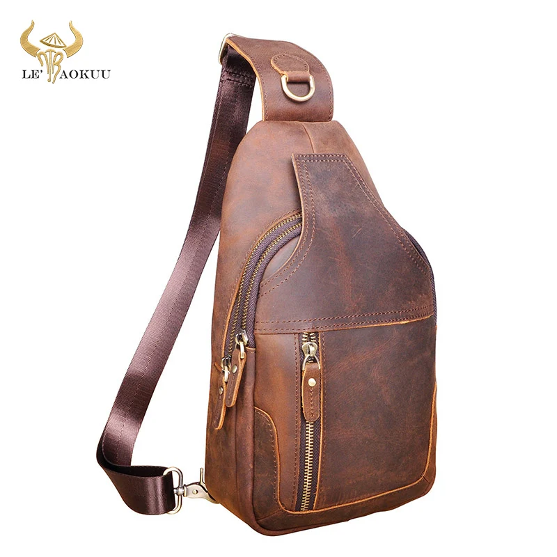 Top Quality Men Genuine Real Leather vintage Fanny One Shoulder Chest Pack Design Sling Crossbody Bag Daypack 6601-d