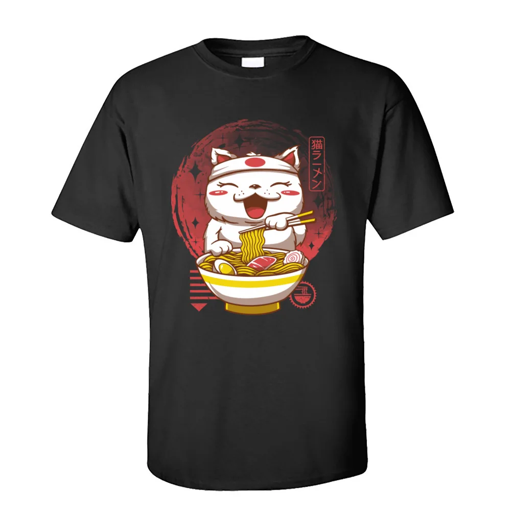 Neko Ramen Tops & T-Shirts Erwachsene Kawaii Cartoon T-Shirt Männer Grafik Katze Nudel Liebhaber 100% Baumwolle Kurzarm T-Shirt
