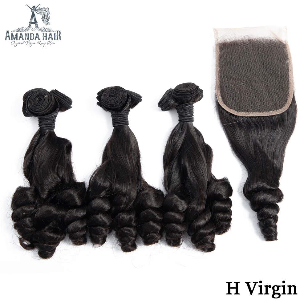 Amanda Funmi-Loose Wave Brazilian Hair Bundles, Virgin Hair Bundle com fechamento, Double Drawn Encerramento, não processados