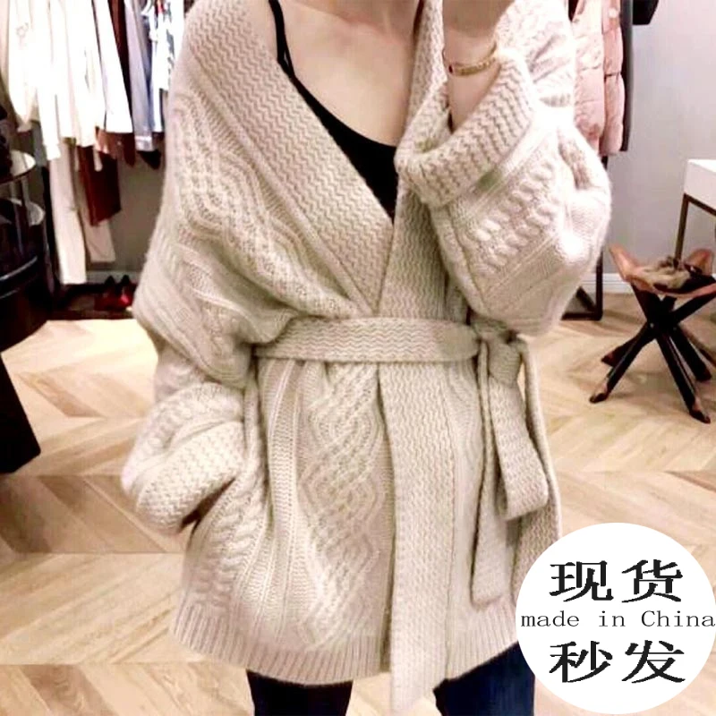 Women Autumn Winter Elegant Beige Twist Sweater Coat Long Sleeve V Neck Knitted Cardigan with Waistbelt Brief Outwear Jacket