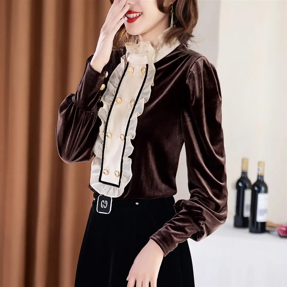 Vintage French Ruffled Elegant Blouses Women\'s Clothing 2024 Spring Spliced Lantern Sleeve Pullovers Office Lady Flannel Shirts