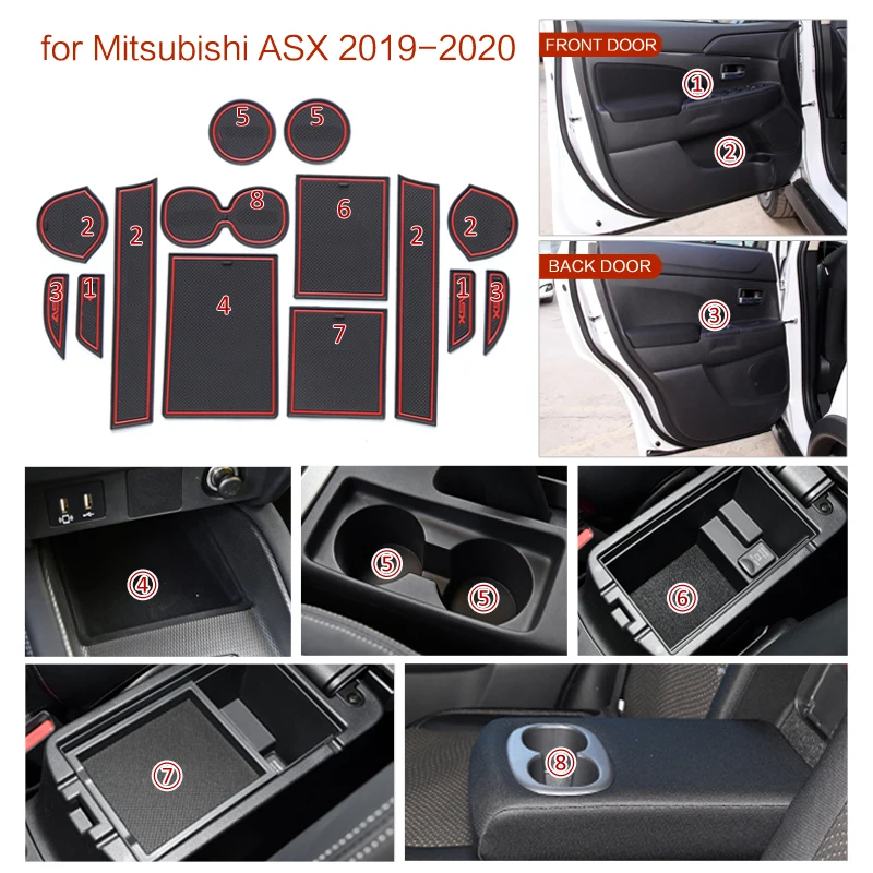 Anti-Slip Gate Slot Cup Mat for Mitsubishi ASX 2013-2021 Door Groove Non-Slip Pad Car sticker Accessories Rubber Coaster