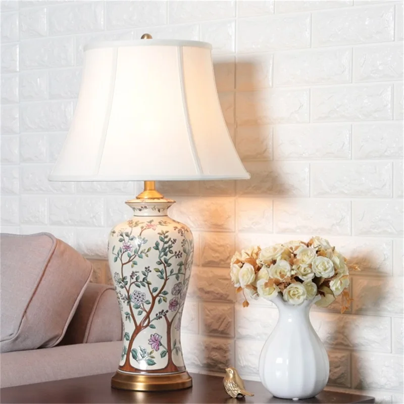 OURFENG Luxury Table Lamp Ceramic Hand Printed Copper Desk Light Fabric LED Decor for Home Foyer Dining Room Bed Room Office