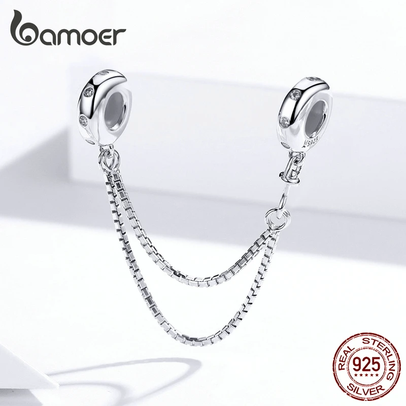 bamoer Genuine 925 Sterling Silver Safety Box Chain Charm for Original Silver Bracelet Stopper Charms with Silicone SCC1419