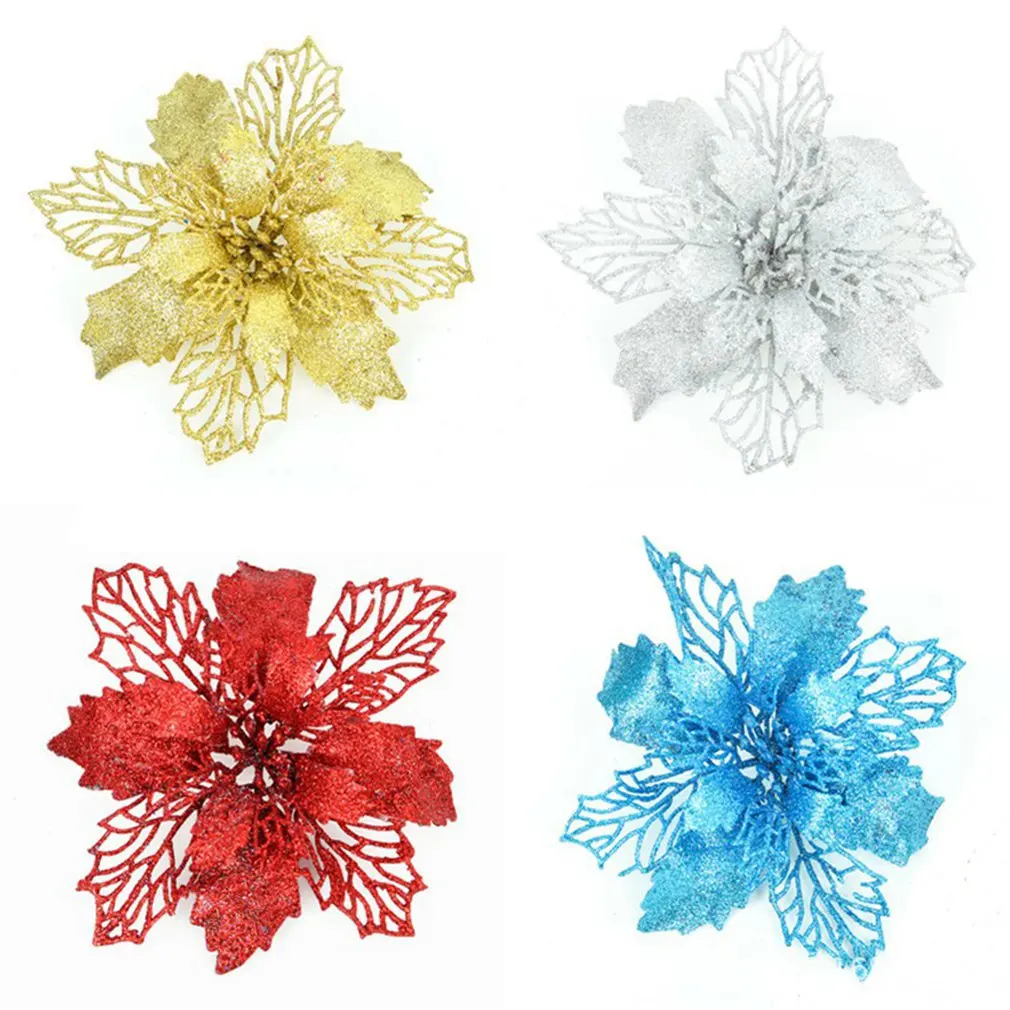 6 Pcs Set Christmas Hollow Flowers Ornaments Glitter Floral Accessories Xmas Wreath Tree Decorations For Party Home Wedding