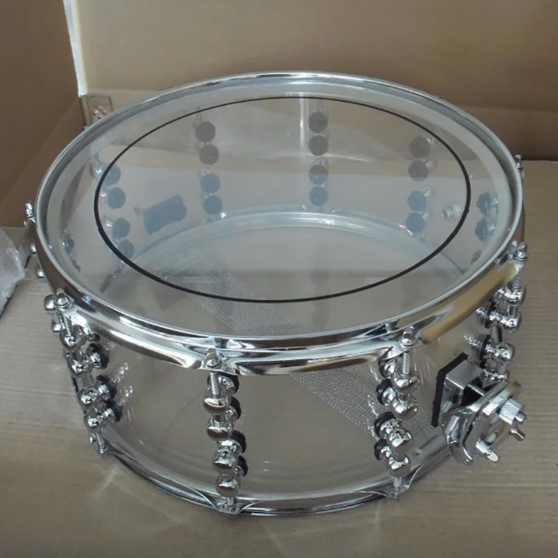 14 Inch Diameter 6.5 Inch Depth Acrylic Snare Drum Transparent with Silver Color 2mm Iron Hoop and Metal One Side Drum Lug