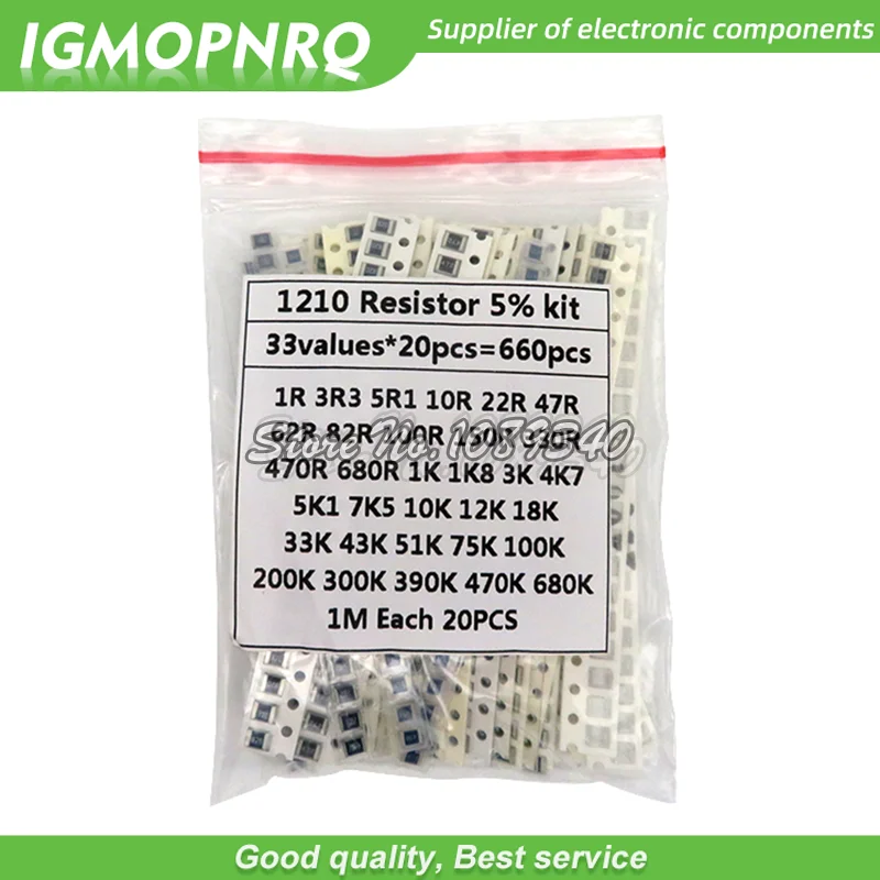 

1210 SMD Resistor Kit Assorted Kit 1ohm-1M ohm hjxrhgal 5% 33valuesX 20PCS=660PCS DIY Kit