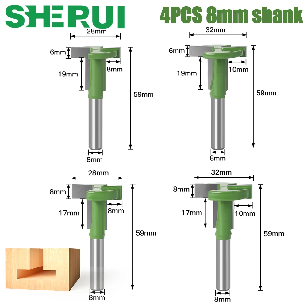 4PCS Set 8mm Shank T-Slot Router Bit Straight Edge Slotting Milling Cutter Cutting for Wood Woodworking Handle