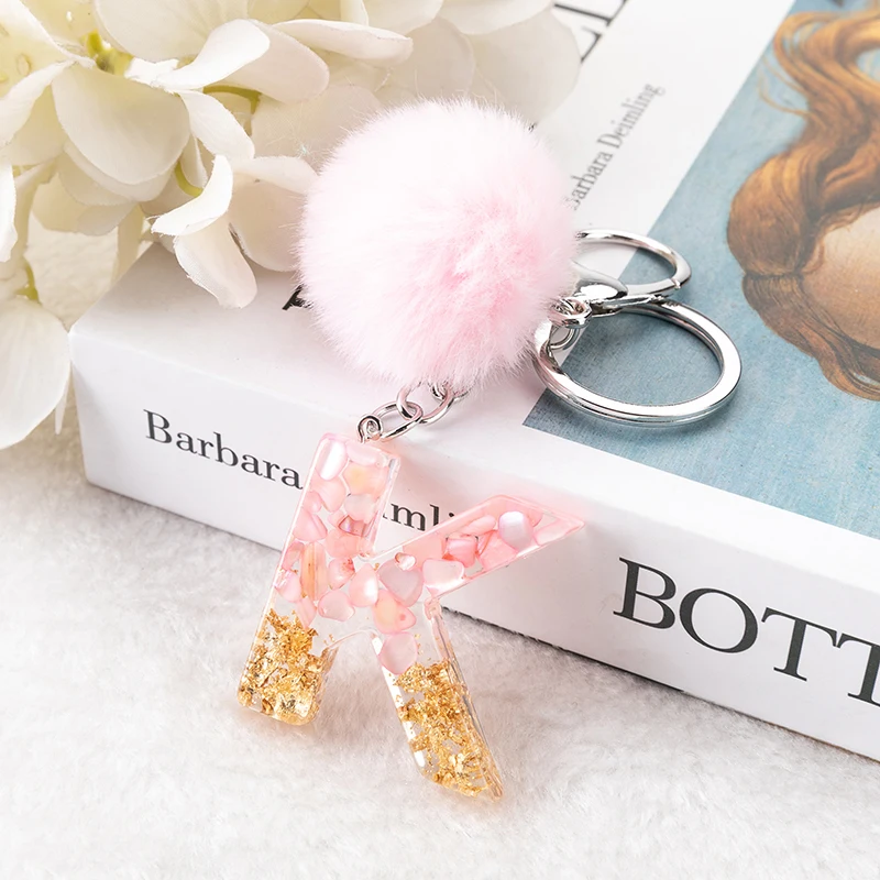 1Pc Pink Pompom Letter Keychain English Alphabet Keyring with Puffer Ball Glitter Gradient Resin Car Mirror Handbag Charms view 2