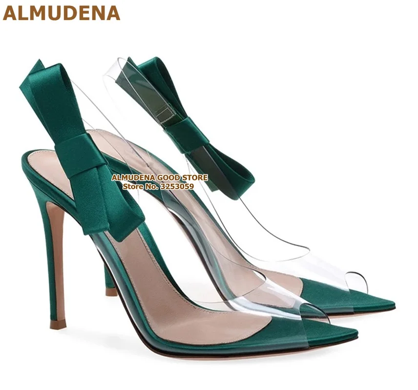 

ALMUDENA Emerald Satin Cloth Bowtie High Heel Pumps Clear PVC Pointed Toe Dress Shoes Slingback Open Toe Butterfly-Knot Sandals