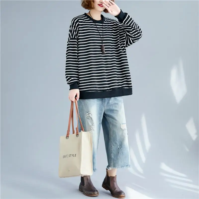 Oversized Striped Autumn Sweatshirt Pullover Women Kpop Cotton Loose Oversized Hoodies Streetwear 2023 Spring Sudadera Mujer