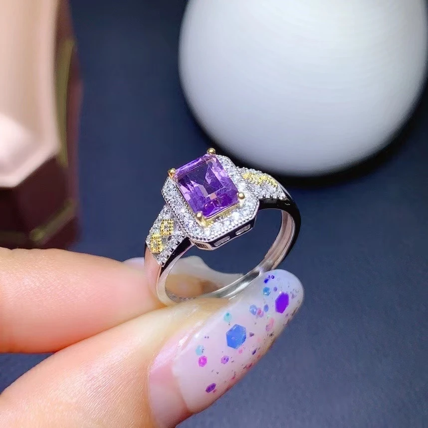 KJJEAXCMY fine jewelry 925 sterling silver inlaid Amethyst Women's popular exquisite square gem adjustable ring support detectio