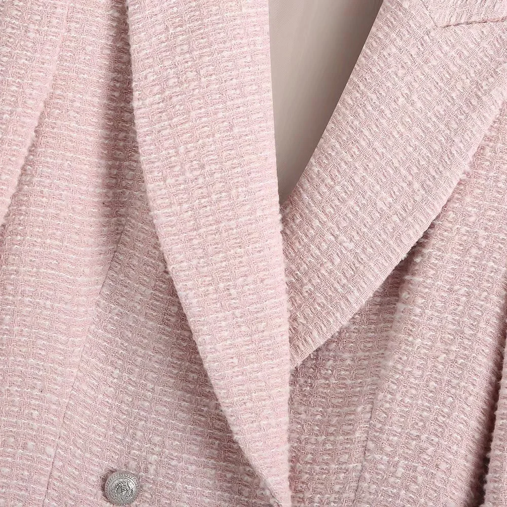 Klacwaya Spring Autumn Tweed Blazer Jackets For Women 2021 Notched Double Breasted Office Lady Pink Blazer Casual Women Blazers