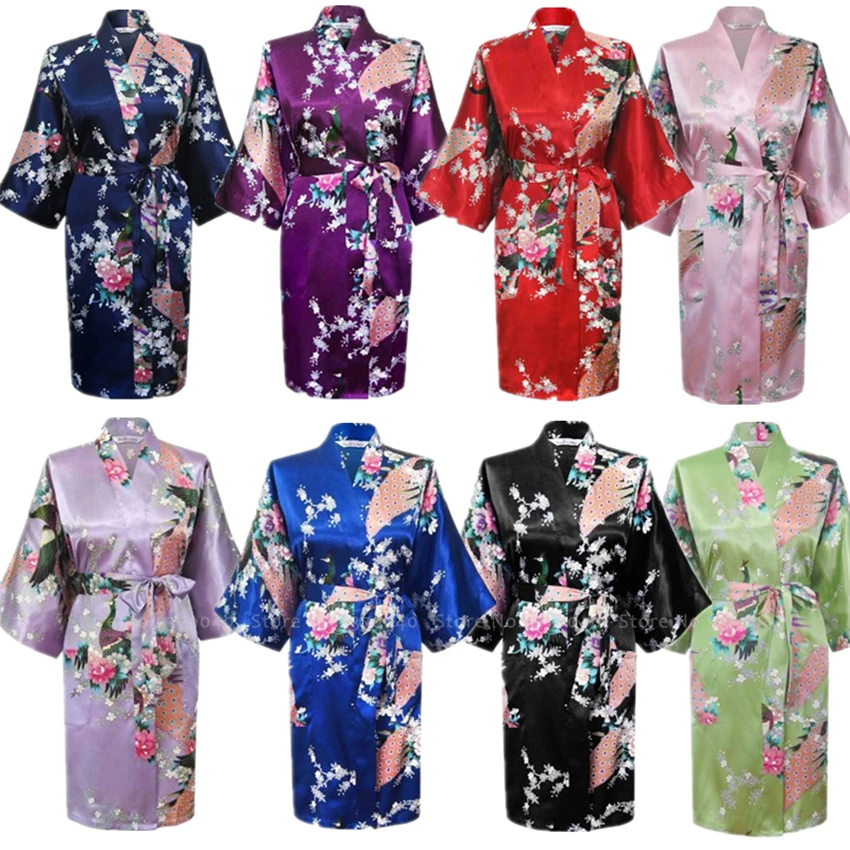 

Japanese Traditional Peacock Bath Robes Ladies Satin Bride Dress Sleepwear Yukata Kimono Gown Nightgown Pajamas Haori Costumes