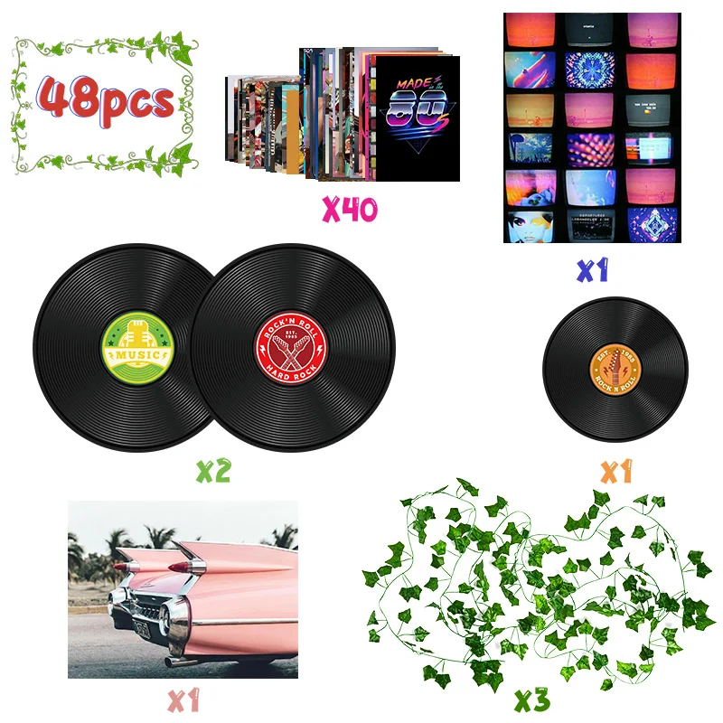 48Pcs Record Wall Aesthetic Collage Kit Retro Style Photo Fake Vines Vintage Album Model Card Bedroom Home Decor for Kids Adults