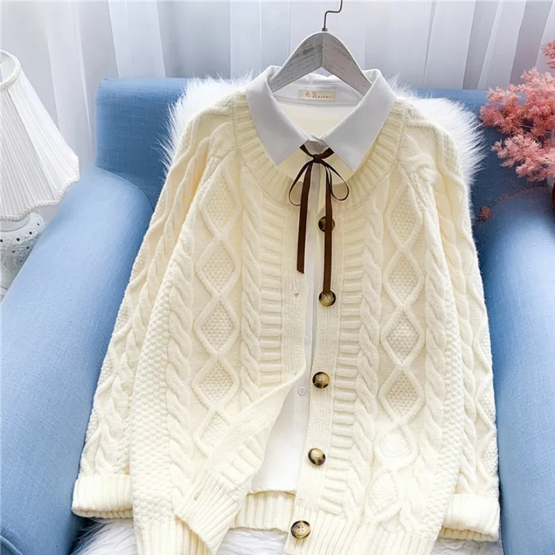 Autumn New Fashion Sweater Women Beige Blue Pink Yellow Knit Jacket Korean Loose O-Neck Long Sleeve Knitted Cardigan Tops Female