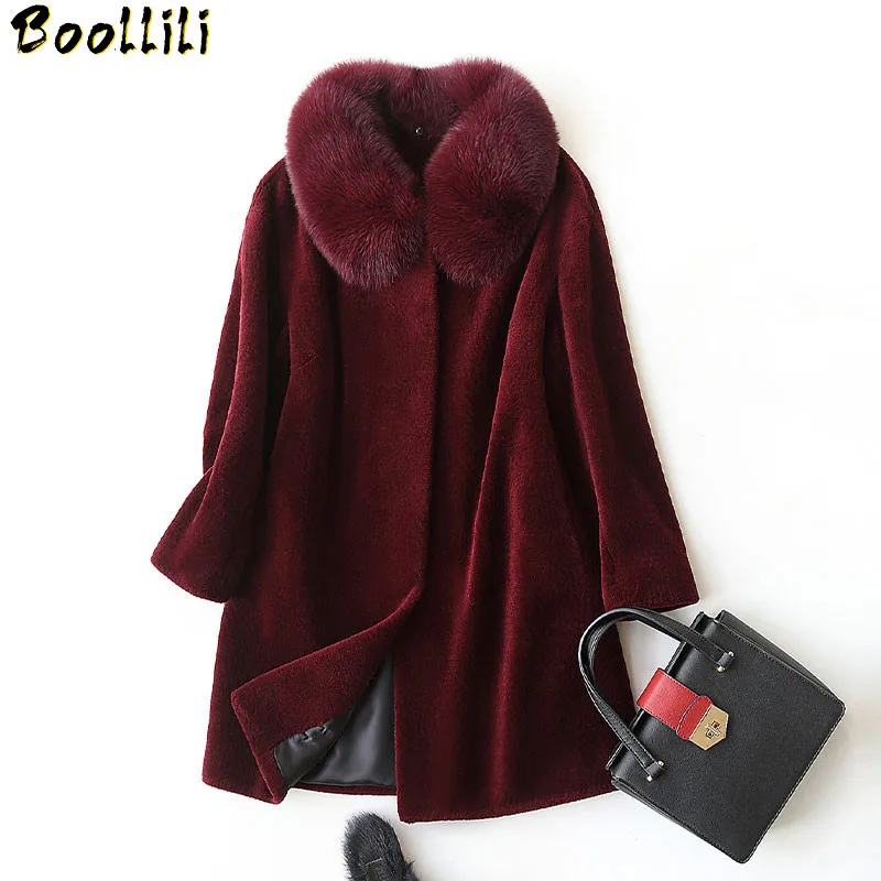 

2023 Natural Boollili Sheep Shearing Fur Coat With Real Fox Fur Collar Winter Jacket Women Medium Length Warm Overcoat