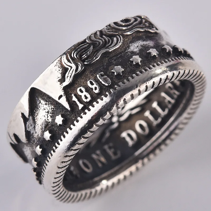 Foydjew Creative America We Believe in God Retro Thai Silver One Dollar Morgan Coin Rings For Men Stainless Steel Metal Ring