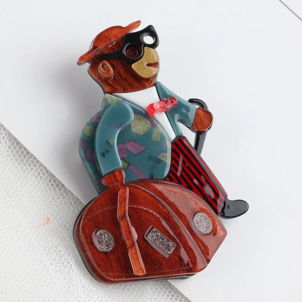 New Punk Cartoon Mr Bear with Traveling Bag Acrylic Brooch For Women Cute Resin Lapel Pins Brooches Badge Fashion Jewelry Gifts view 5