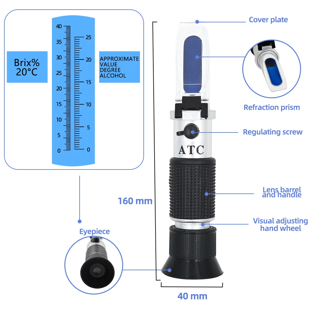 Handheld 0~40% Sugar Refractometer Household 0~25% Alcohol Wine Refractometer Beer Brix Concentration Detector Wort Tester