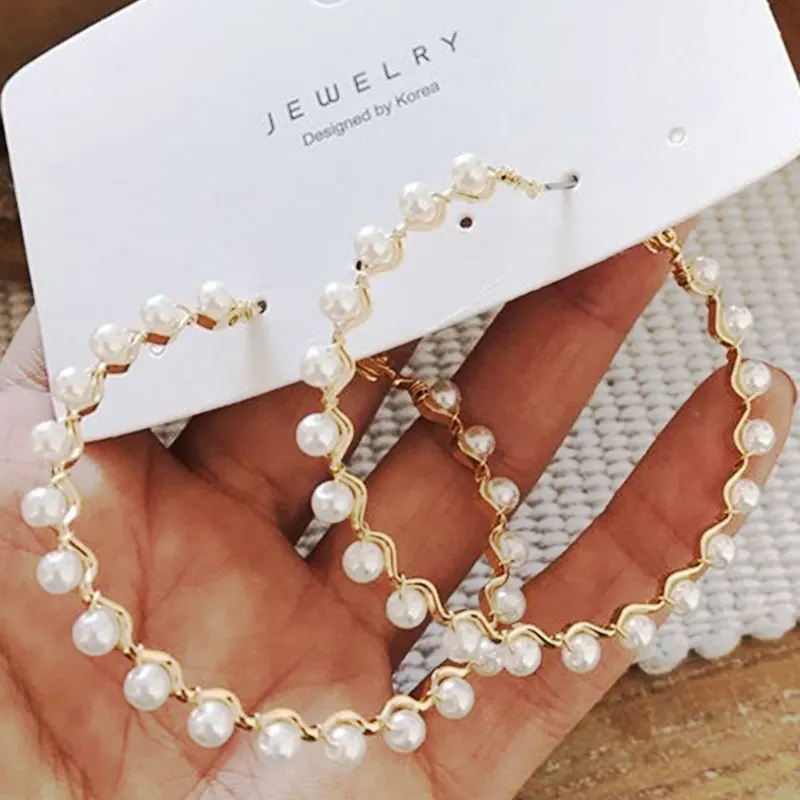 HUAMI Super Big Hoop Earrings Pearl Silver Color Needle Korea Fashion Women Elegant Metal Gold Earrings Round Nightclub Jewelry