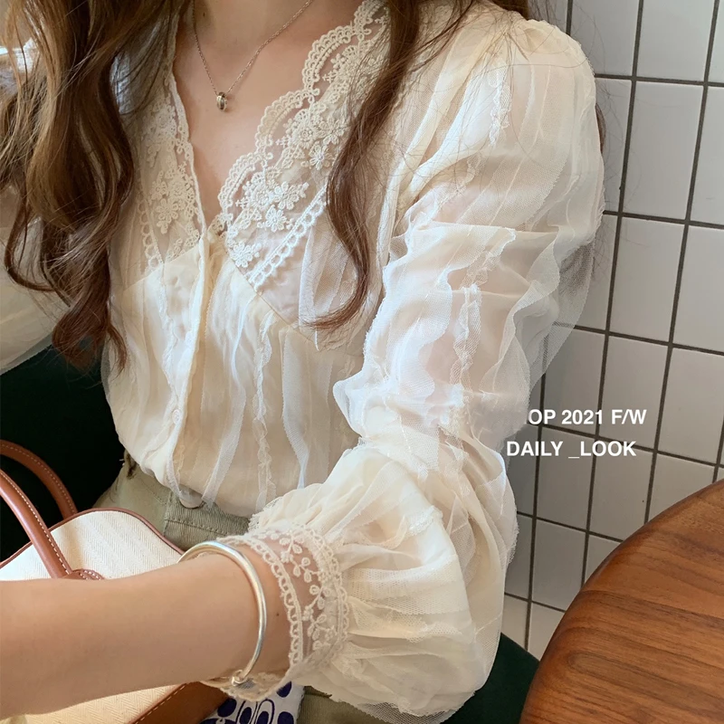 

Autumn 2021 New Sweet Korean Chic Mesh Tops Temperament V-neck Lace shirt Women's Chiffon blouse Blusa