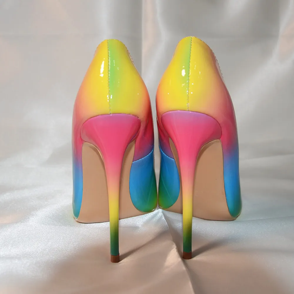 Veowalk Rainbow Colorful Patent Leather Women Sexy Stiletto Extemely High Heels, Ladies Fashion Pointed Toe Pumps Party Shoes