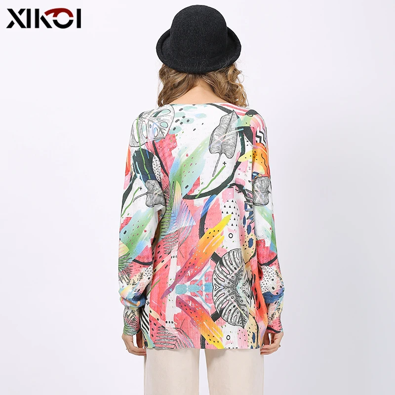 XIKOI Women Knitted Print Sweater Dress Long Sleeve Loose Kint Sweater Ladies Tops Pullover Winter Knitted Jumper Oversized Pull