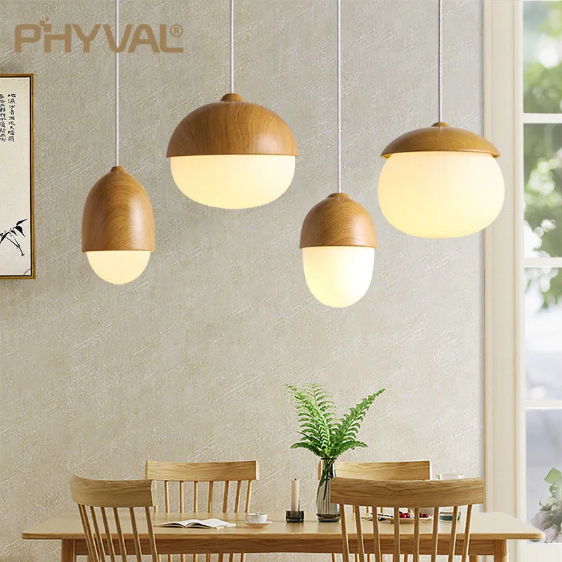 

Nordic Wood Grain Iron Glass Pendant Lamp Modern Nut Round E27 110-240V Hanging Light Living Room Bedroom Decor Pendant Lighting