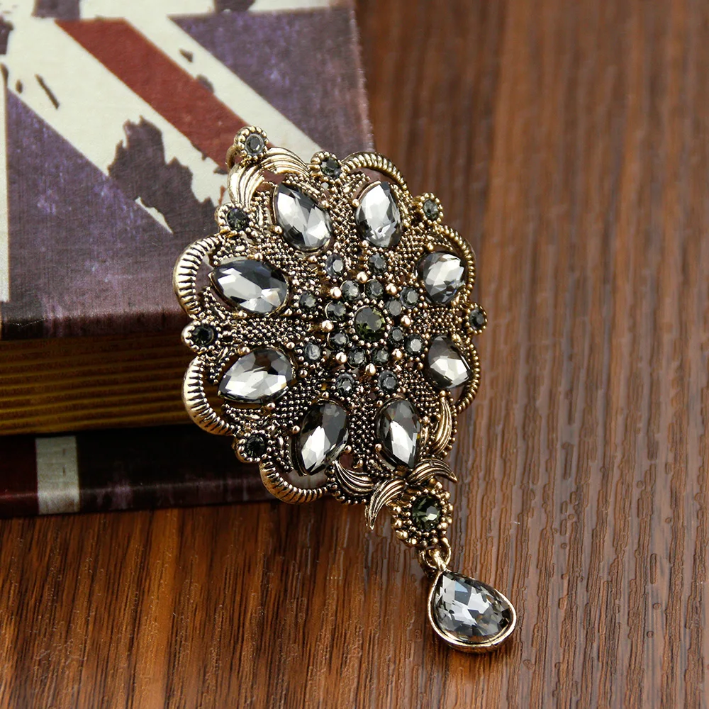 Sunspicems Vintage Indain Bohemia Gray Crystal Brooch Pendant For Women Morocco Algeria Flower Banquet Wedding Jewelry Gift