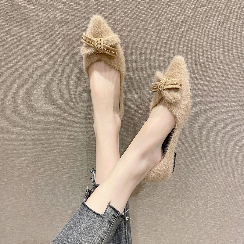 Furry Flats for Women Solid Color Bowknot Black Flat Heel Shoes Soft Sole Pointed Toe Size 32 33 34 44 45 46 Winter Flats Ladies