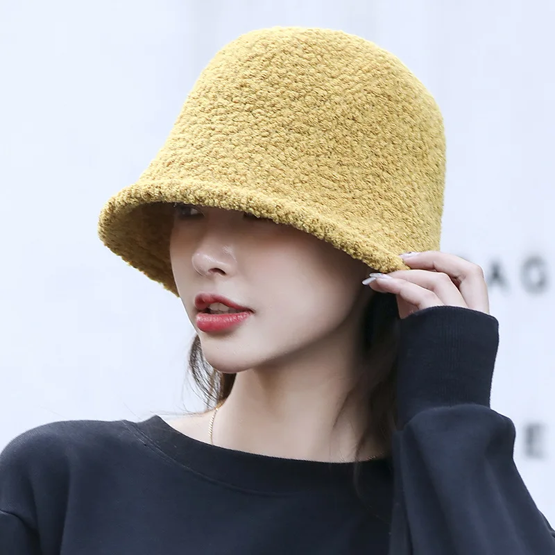 MAXSITI U Solid Soft Warm Imitation lamb Wool Bucket Hat Women winter Fashion Versatile Knitted Basin Cap Harajuku Fishing Hats