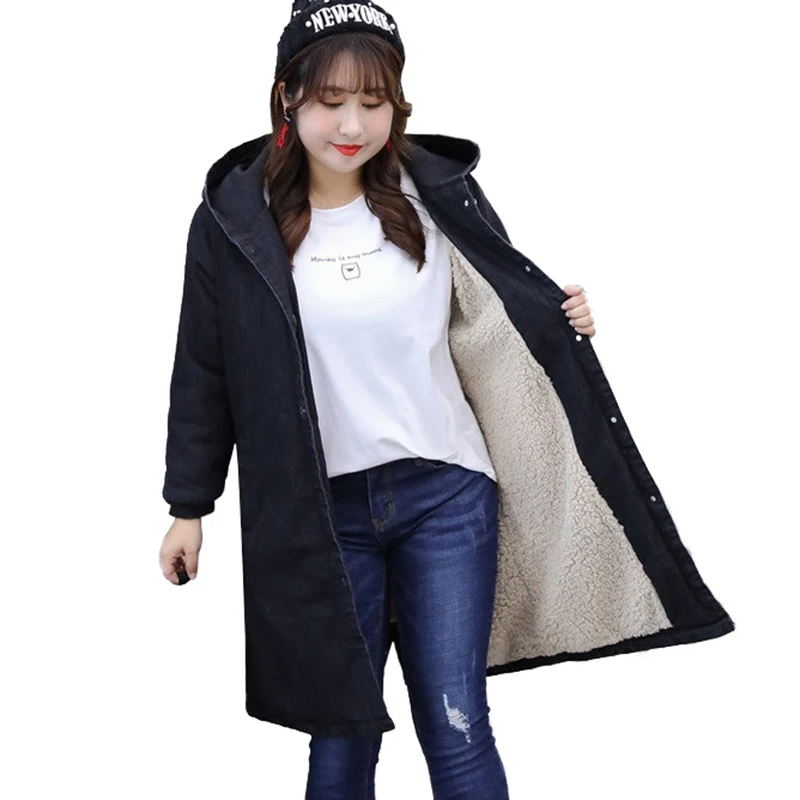 

2022 Winter Parka New Women's Denim Jacket Flocking Thick Hooded Jeans Outerwear Single Breasted Loose Female Long Coats G682