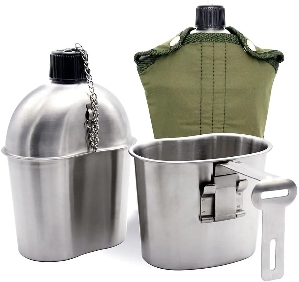 3Pcs/Set Portable Canteen Cup Stainless Steel Military Canteen Kit  With Lid Green Cover Camping Hiking Picnic Accessorie