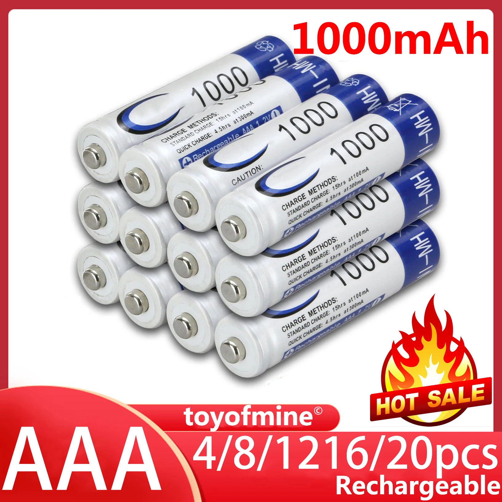 Pilas recargables AAA para juguetes, pilas recargables Ni-MH de 1,2 V y 1000mAh, 4-20 unidades