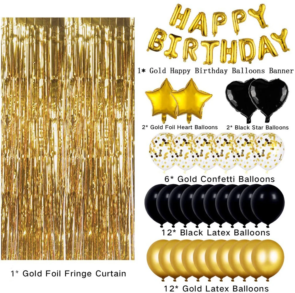 Set di decorazioni di compleanno in oro nero lettera palloncino di buon compleanno tenda di seta a pioggia Baby Shower palloncini per decorazioni