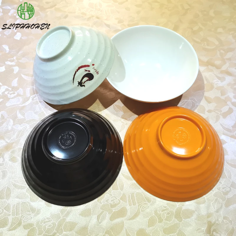 Household Round Rice Bowl A5 Melamine Imitation Porcelain Commercial Restaurant Dinnerware Ring Stripe Soup Bowl