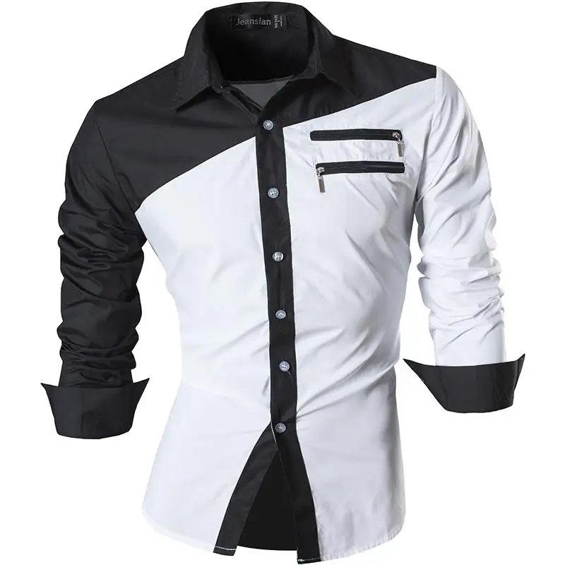 Jeansian Men\'s Casual Dress Shirts Fashion Desinger Stylish Long Sleeve K371 Black2