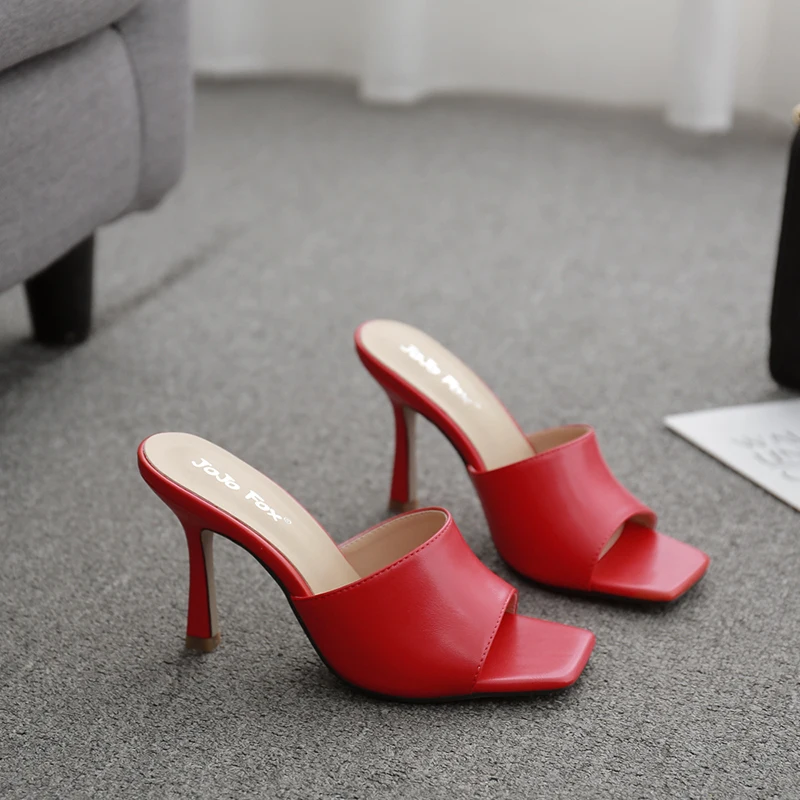 New 2020 Summer Women Slipper Square Toe Thin High Heel Ladies Sandal Mules High Quality Elegant Dress Shoes Slides
