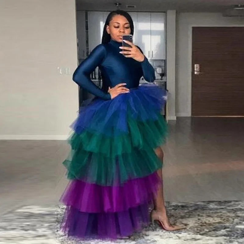 

Multi color High Low Tulle Skirts High Street Custom Made Long Tiered Tutu Skirt Women To Party Female Maxi Prom Skirt Candy