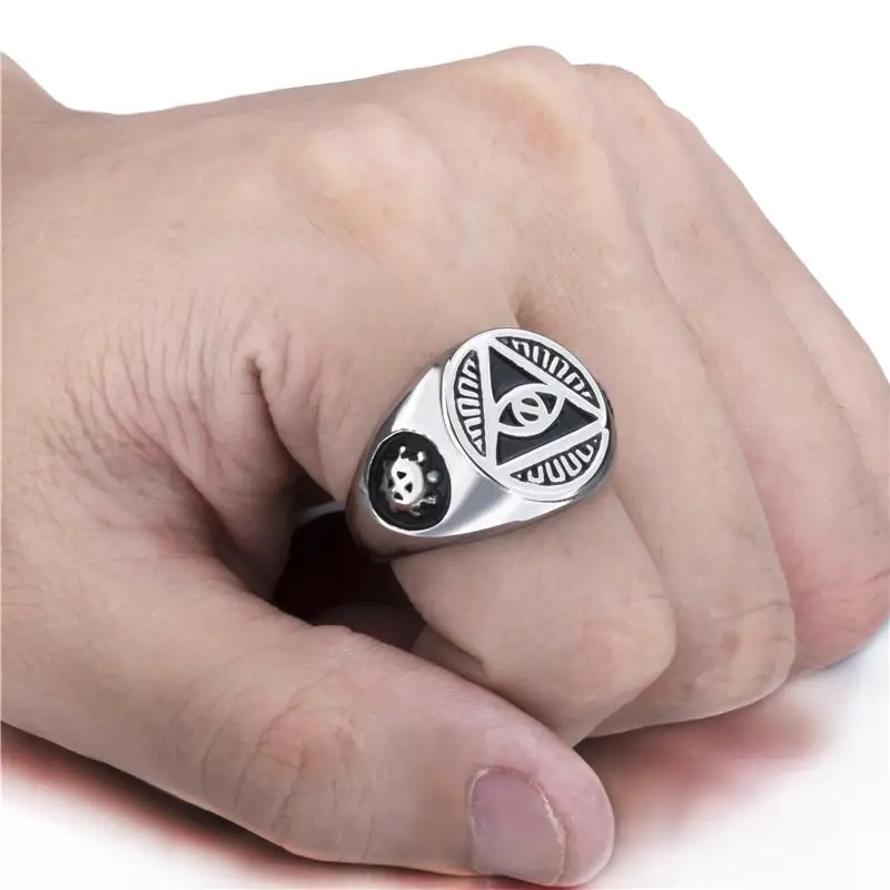 Elfasio Mens Stainless Steel Ring Illuminati The All-seeing-eye Illunati Pyramid/eye Masonic Symbol Vintage Jewelry Size 7-15