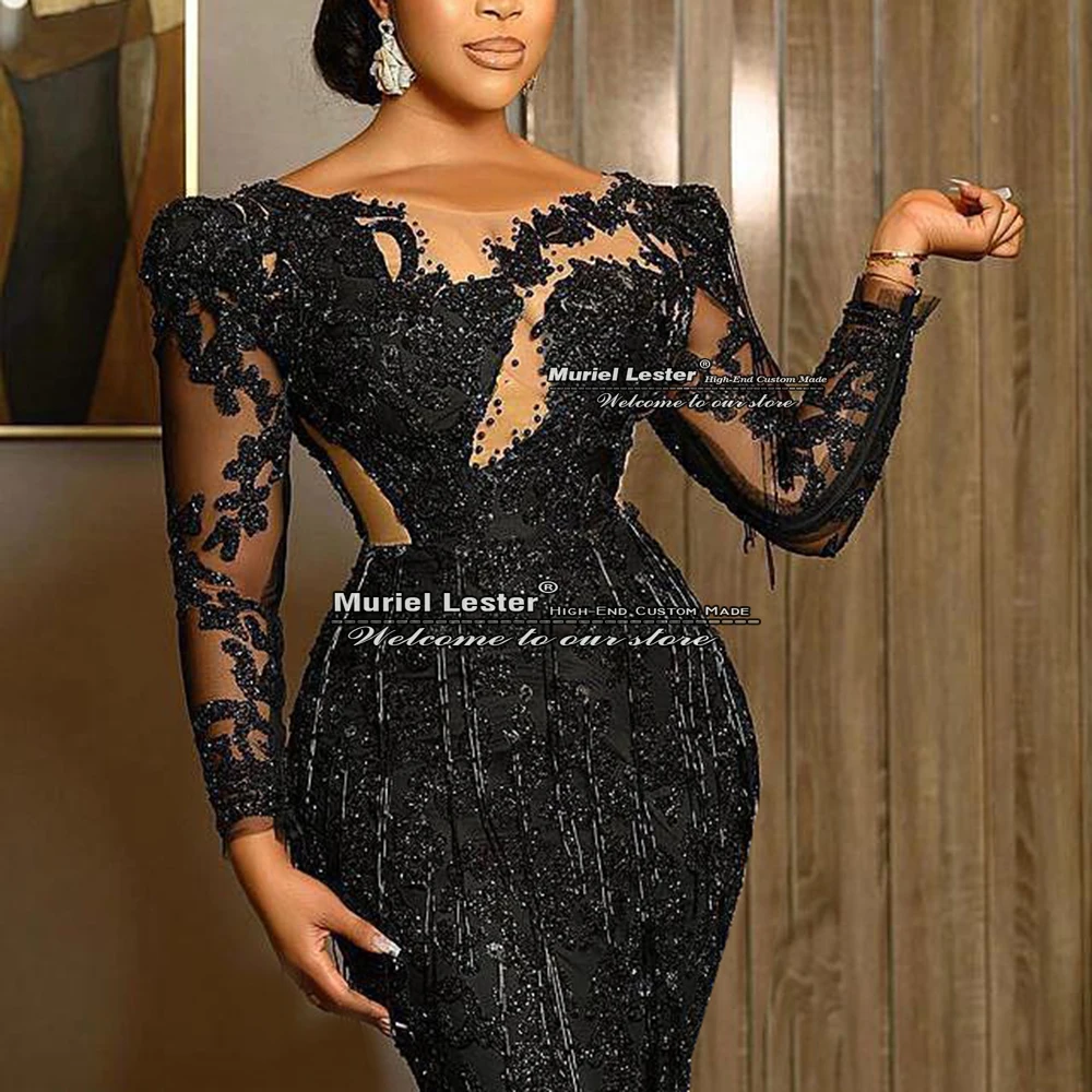 Aso Ebi – robe de soirée de forme sirène, tenue de soirée élégante, grande taille, manches longues, col rond, perles appliquées, pour femmes