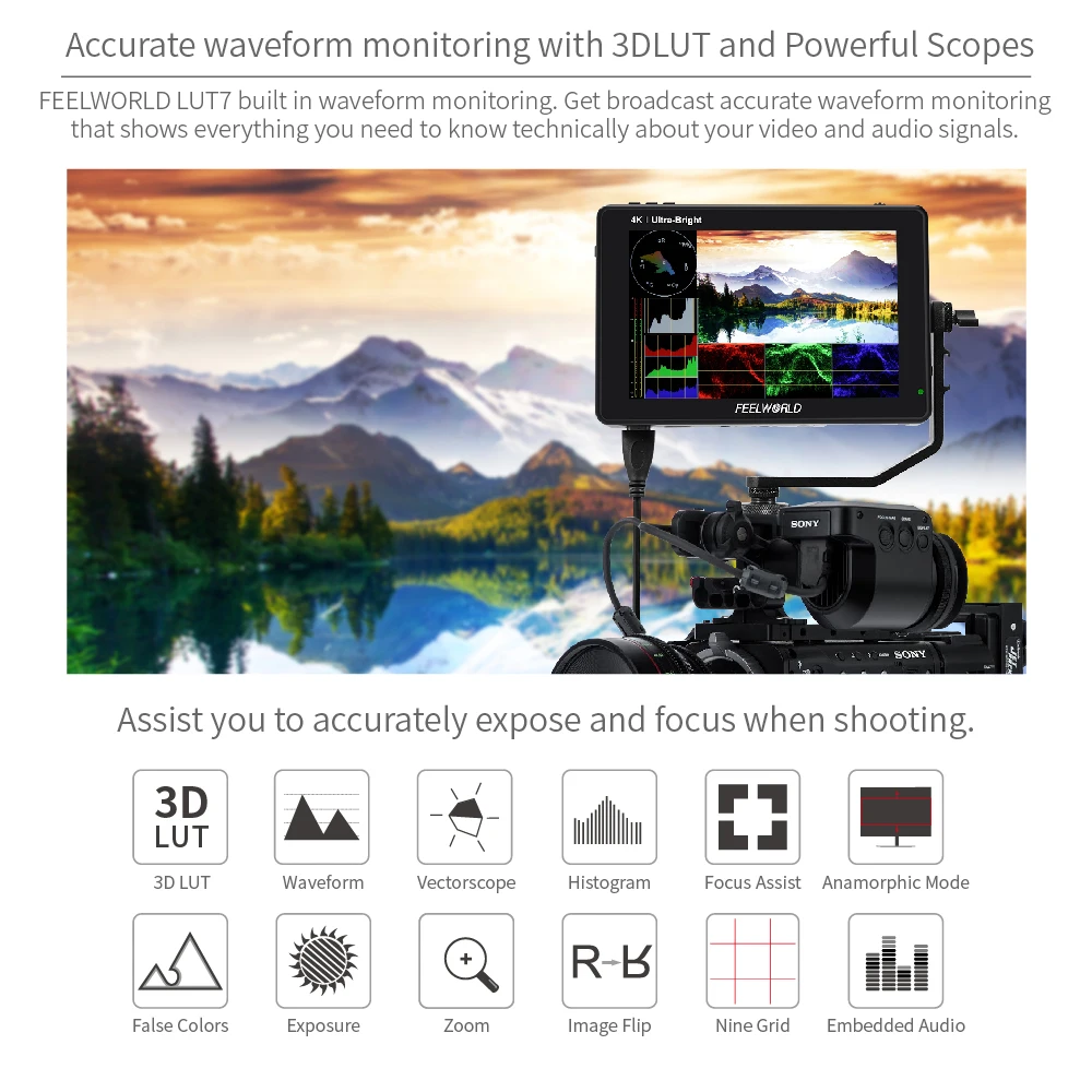 FEELWORLD LUT7 7 Inch 2200nits Touchscreen Camera Field Monitor with 3D LUT HDMI Input Output Waveform VectorScope Histogram