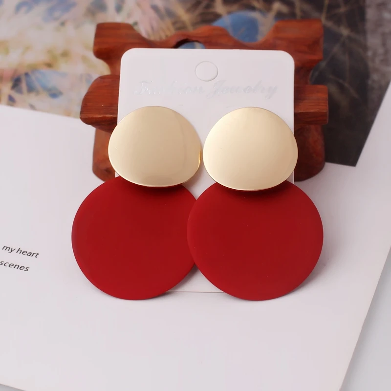 Pendientes colgantes de oblea redonda doble en 9 colores para mujer, joyería de fiesta Brincos hipérbole de Metal con geometría colorida europea americana