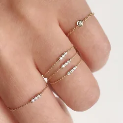 925 Sterling Silver Chain Ring, Bezel Round CZ, 3 CZ Bar Charme, Cadeia Simples Banda, Tamanho 6, 7, 8, 3mm, 5mm