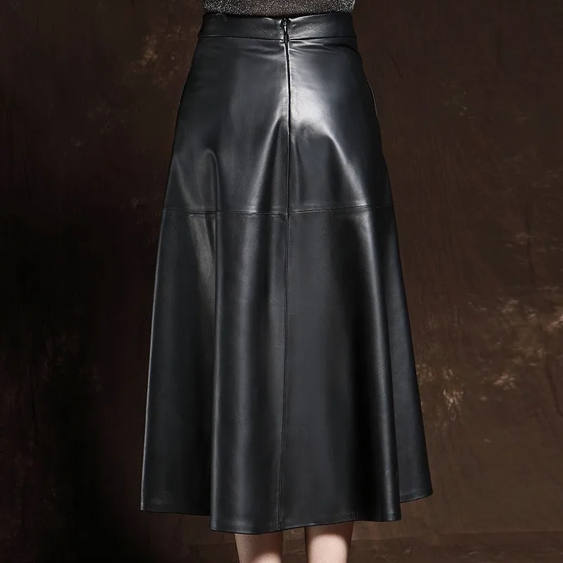 Elegant Ladies Vintage Ball Gown Mid Calf Long Skirt Sheepskin Genuine Leather Skirts New Women High Waist Pleated Skirt